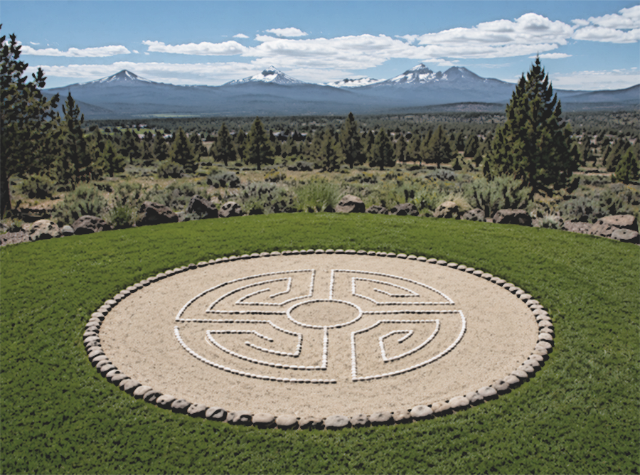 A circular Japanese zen garden with a maze pattern, surrounded by rocks, on a lush green lawn, with evergreen trees and mountains in the distance under a partly cloudy sky.