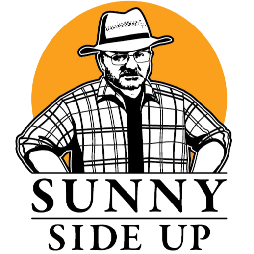 Logo featuring a man in a plaid shirt and hat with hands on hips, with the text 'Sunny Side Up' underneath, set against an orange background.