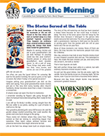 Newsletter titled 'Top of the Morning' with sections about a stork serving at a table, workshops on a board game, and festive holiday illustrations.