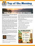 Newsletter header titled 'Top of the Morning' with a focus on health and wellness. Beneath the header, there is an article titled 'Turning Off the Noise & Getting Back to Basics,' discussing the importance of reducing distractions for better mental health. At the bottom, there is a colorful advertisement for workshops and crafts, featuring various craft supplies and a decorative pumpkin, with sections labeled 'Workshops' and 'Crafts'.