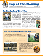 The image shows a newsletter titled 'Top of the Morning' with sections about gardening and outdoor activities, featuring photos of people gardening, horseback riding, and playing sports.
