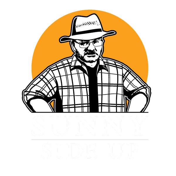 Logo featuring a man in a hat and glasses, with arms crossed, against an orange circle background, with the text 'Sunny Side Up' below.