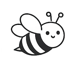 Cute cartoon bee with a smiling face, black and white striped body, wings, and antennae.