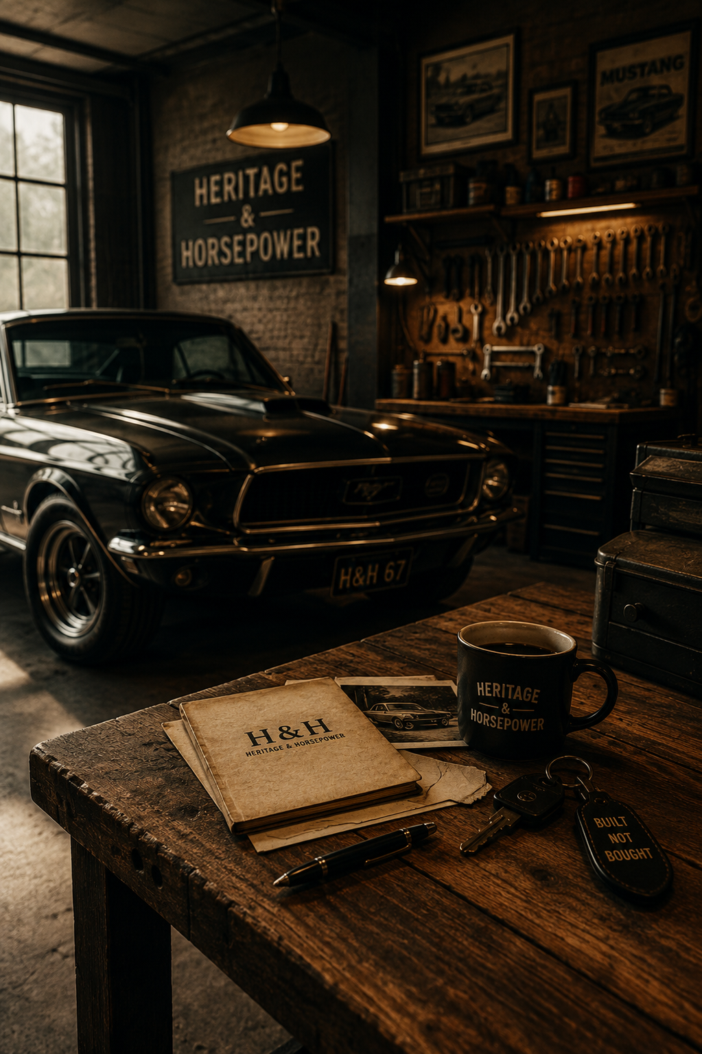 A vintage black Ford Mustang in a workshop with tools on the wall and a sign that reads 'Heritage & Horsepower.' On a wooden table, there is a coffee mug, a car brochure, keys, a pen, and photographs of the car.