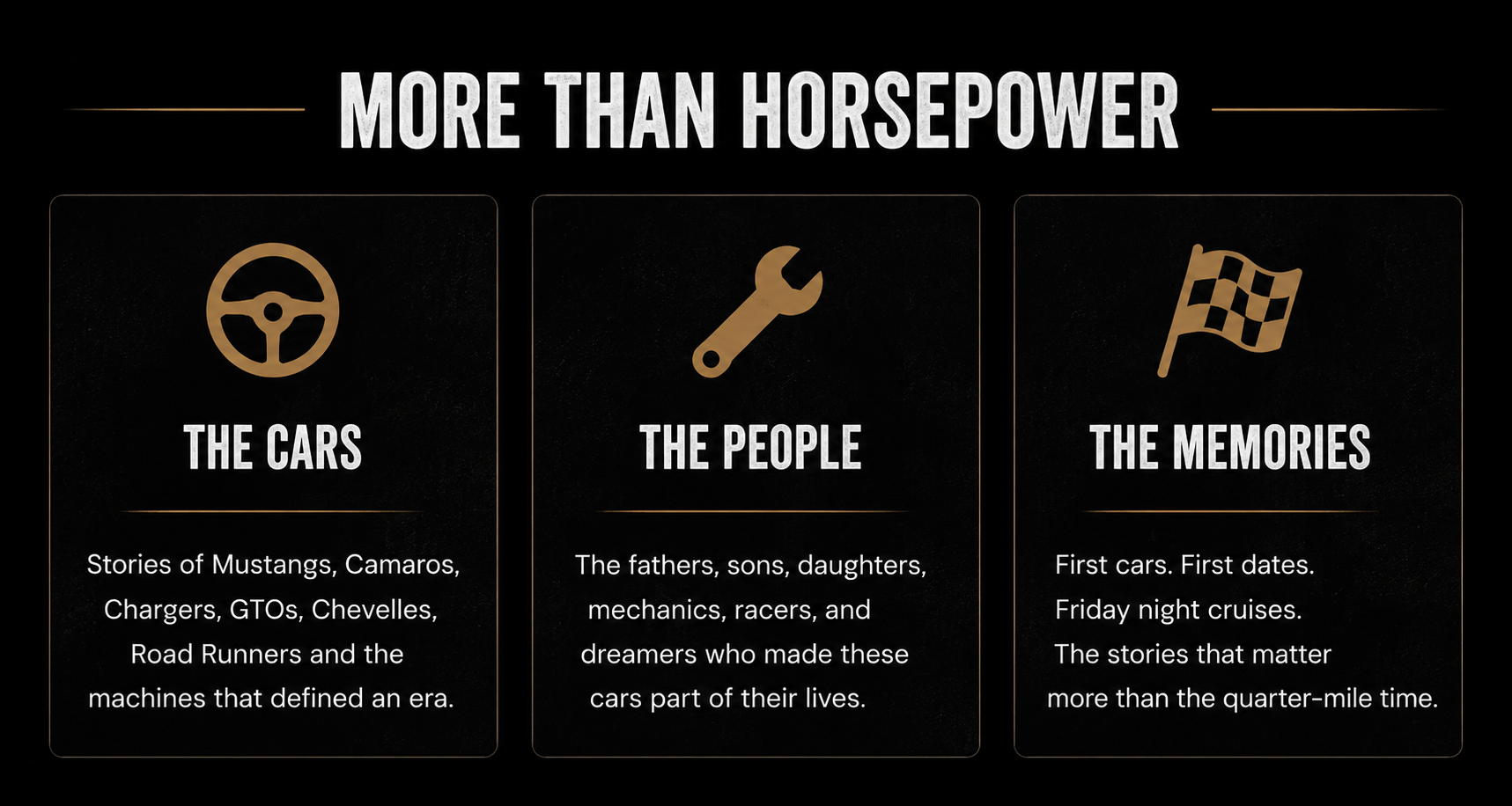 A graphic with the title "More Than Horsepower" showing three sections. The first section has a steering wheel icon with the text "The Cars" and a description about stories of various car models. The second section features a wrench icon with the text "The People" and a description about car builders and enthusiasts. The third section has a checkered flag icon with the text "The Memories" and a description about car-related memories and experiences.