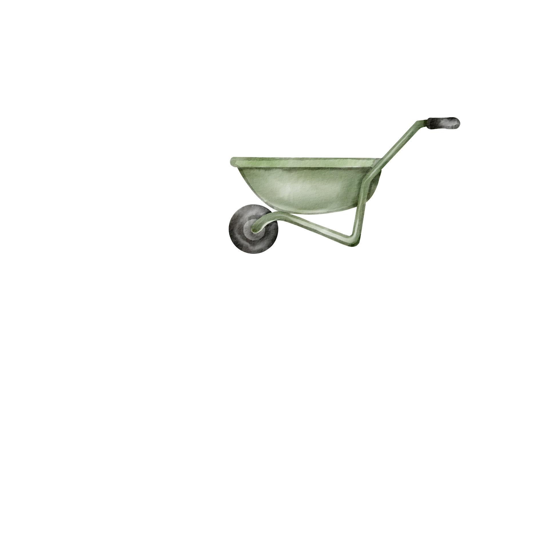 A watercolor painting of a small green wheelbarrow with black wheels, shown from the side, set against a plain black background.