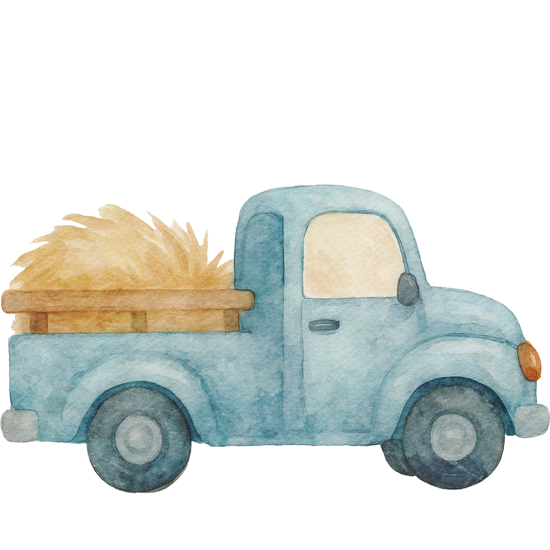 Watercolor illustration of a blue vintage truck carrying a load of straw or hay in the truck bed.