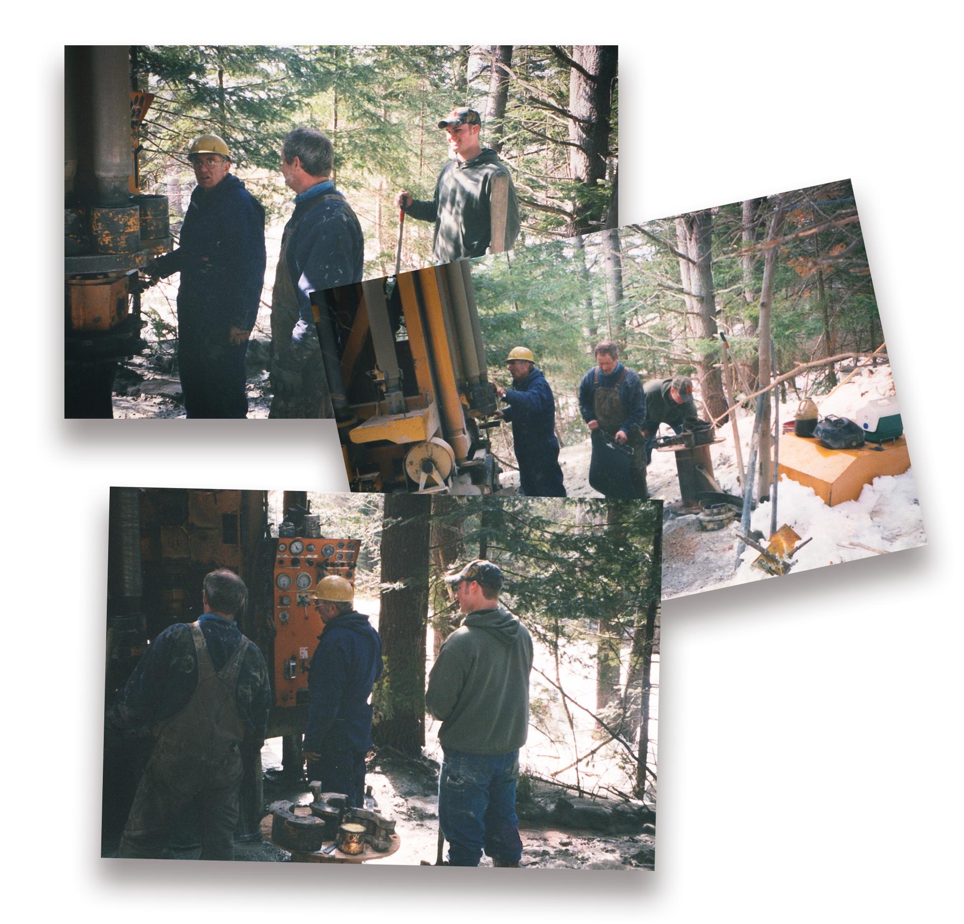 Verney men in outdoor winter clothing standing next to a well drilling rig in a forest setting, some looking at the machine and others engaged in conversation.