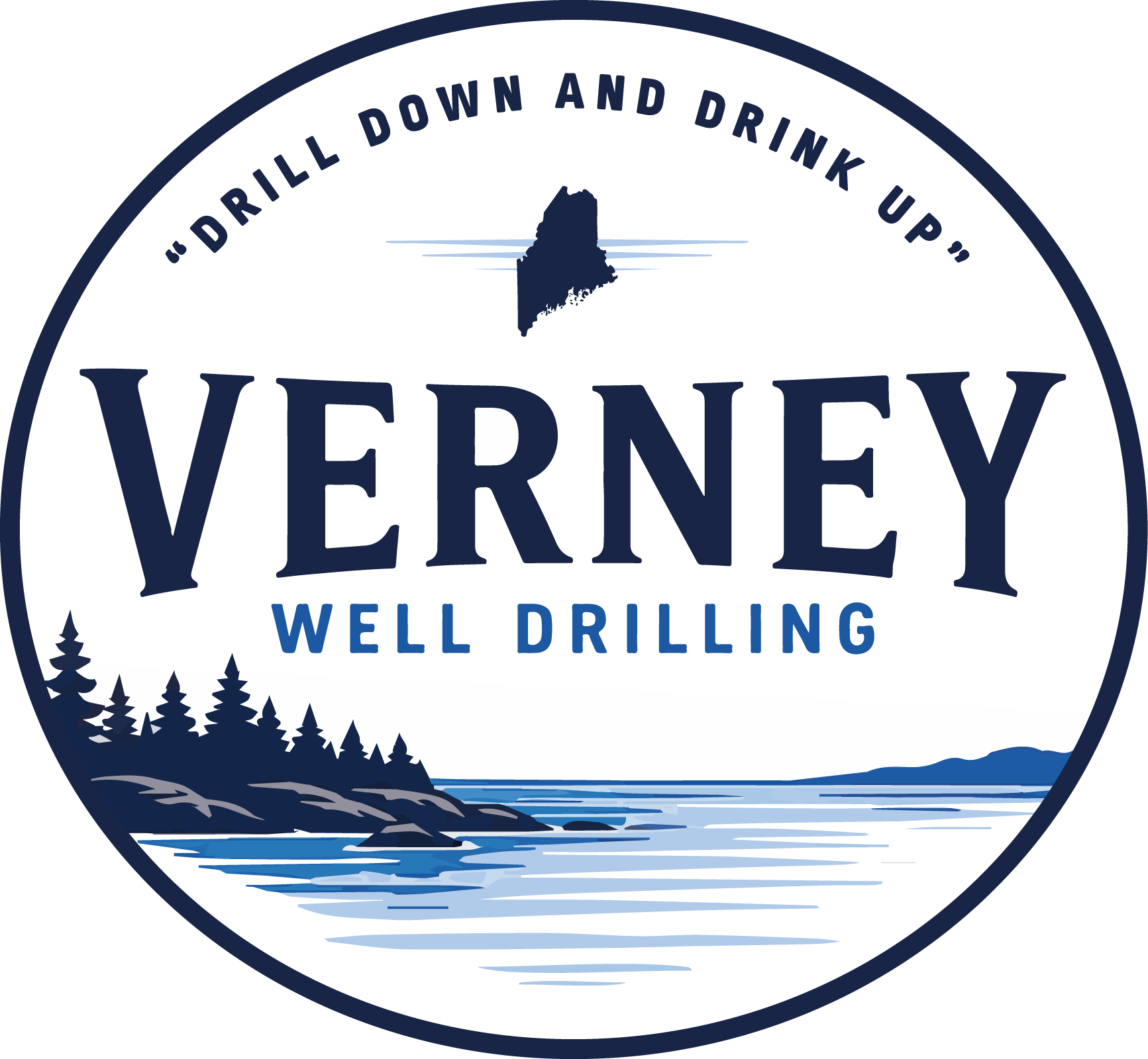 A circular logo with a white background and navy blue outline. It features a silhouette of the state of Vermont at the top center, with three horizontal lines extending from it. Below, the word "VERMONT" is prominently displayed in large navy blue letters. Underneath, the phrase "WELL DRILLING" is written in smaller navy blue text. The bottom of the logo shows a stylized depiction of water and trees, evoking nature and outdoor environment.