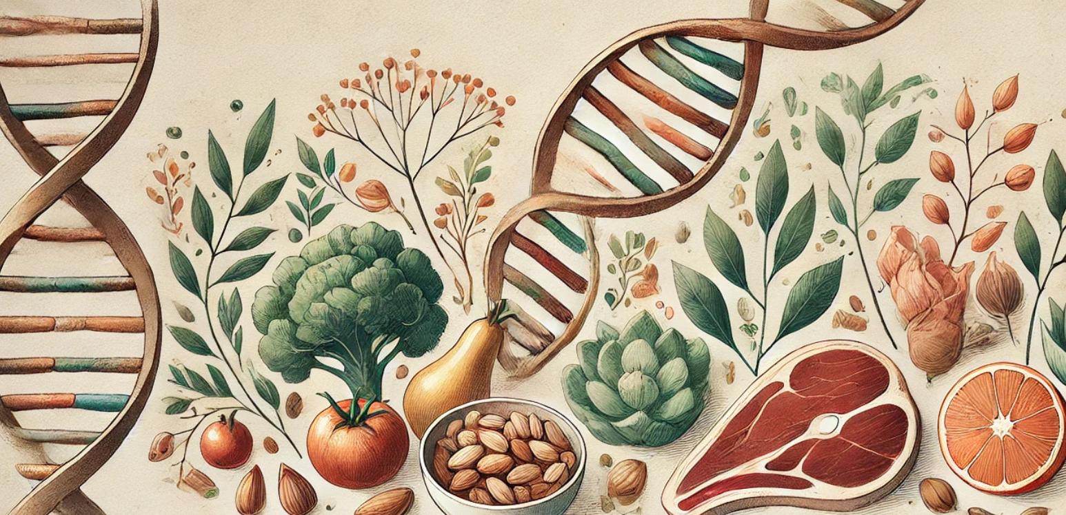 Illustration of vegetables, fruit, nuts and meat intertwined with DNA double helix strands