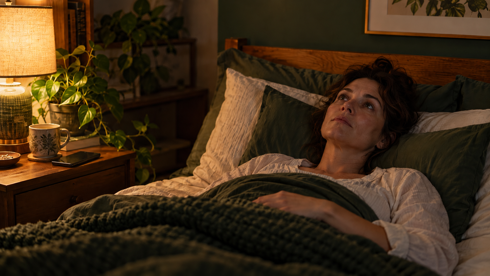 Woman lying awake in bed at night, staring at the ceiling, unable to sleep despite exhaustion