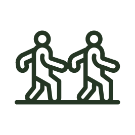 Line drawing of two people walking together, each holding a stick or cane.