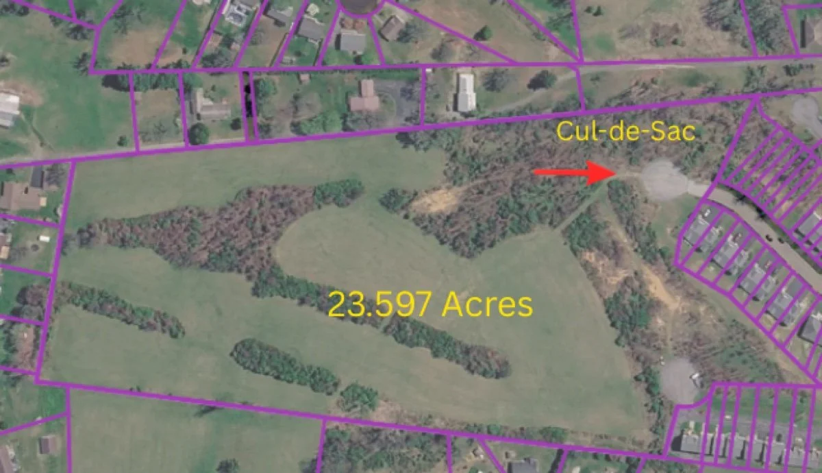 Aerial view of the 23.597-acre residential development property on Lavinia Street in Bristol, Virginia, with the cul-de-sac identified