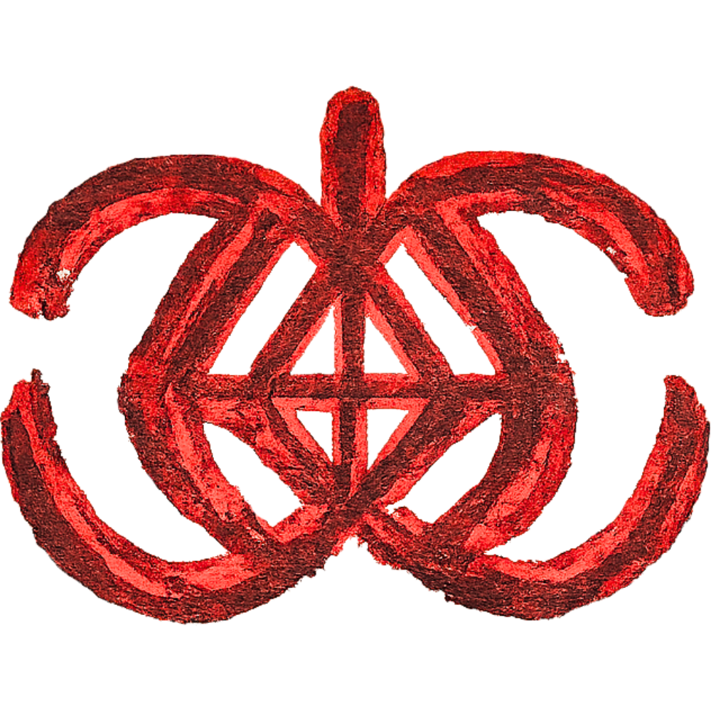 A red abstract symbol (sigil) resembling 2 semicircles back to back with diamonds in the center.
