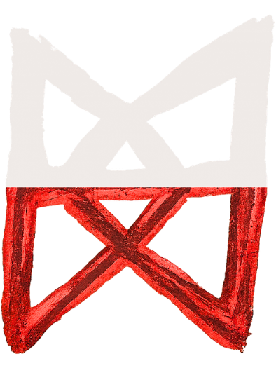 A red and white abstract symbol (sigil) resembling an M and a W stacked on top of each other with a diamond in the middle.
