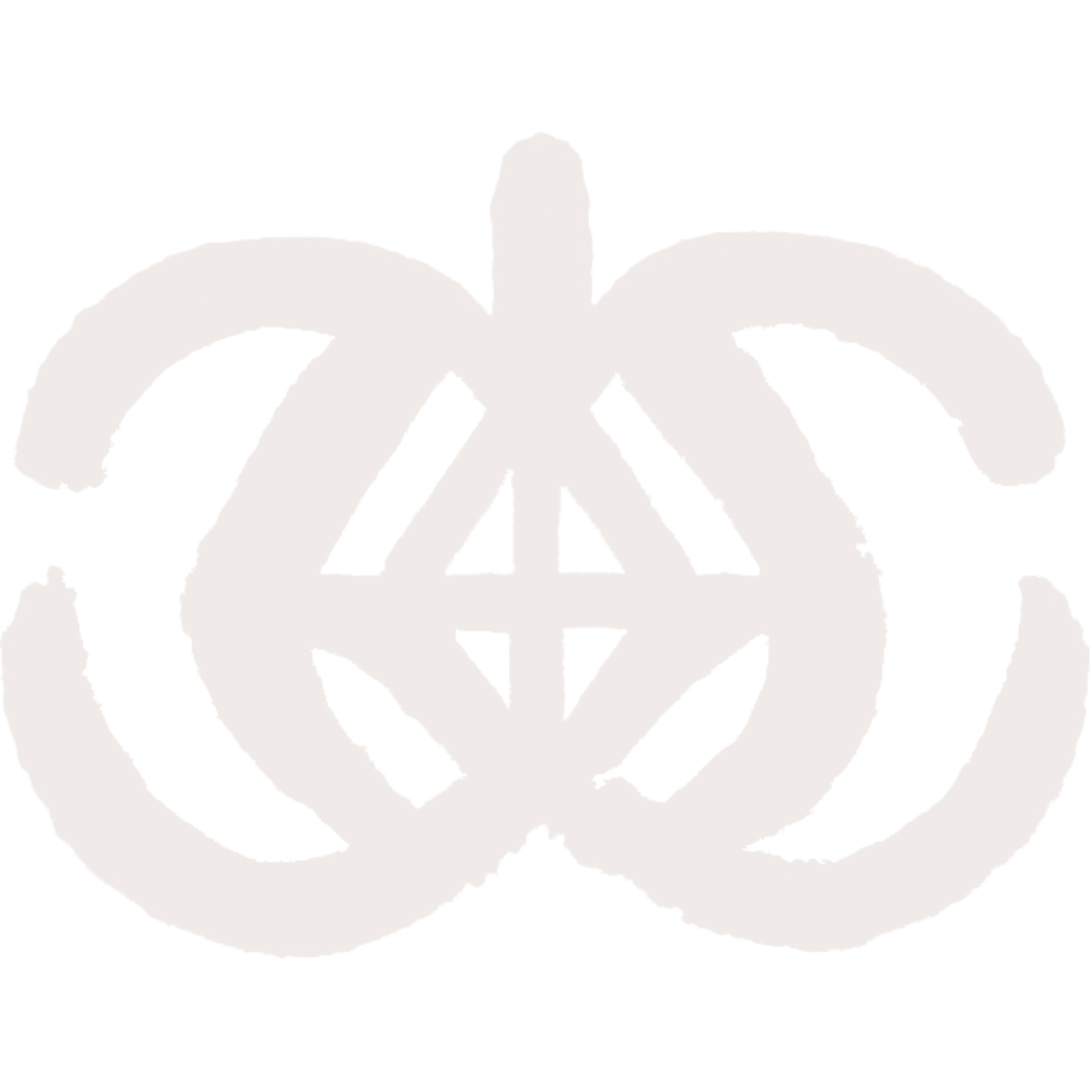 A white sigil (abstract symbol) that looks like two semicircles back to back with diamonds in the center.