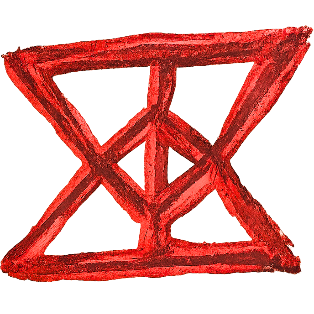 A red sigil (abstract symbol) resembling an hourglass with a diamond inside.