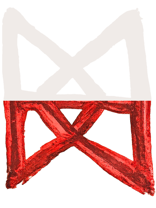 A red and white sigil (abstract symbol) that looks like and M and W stacked on top of each other with a diamond in the middle.