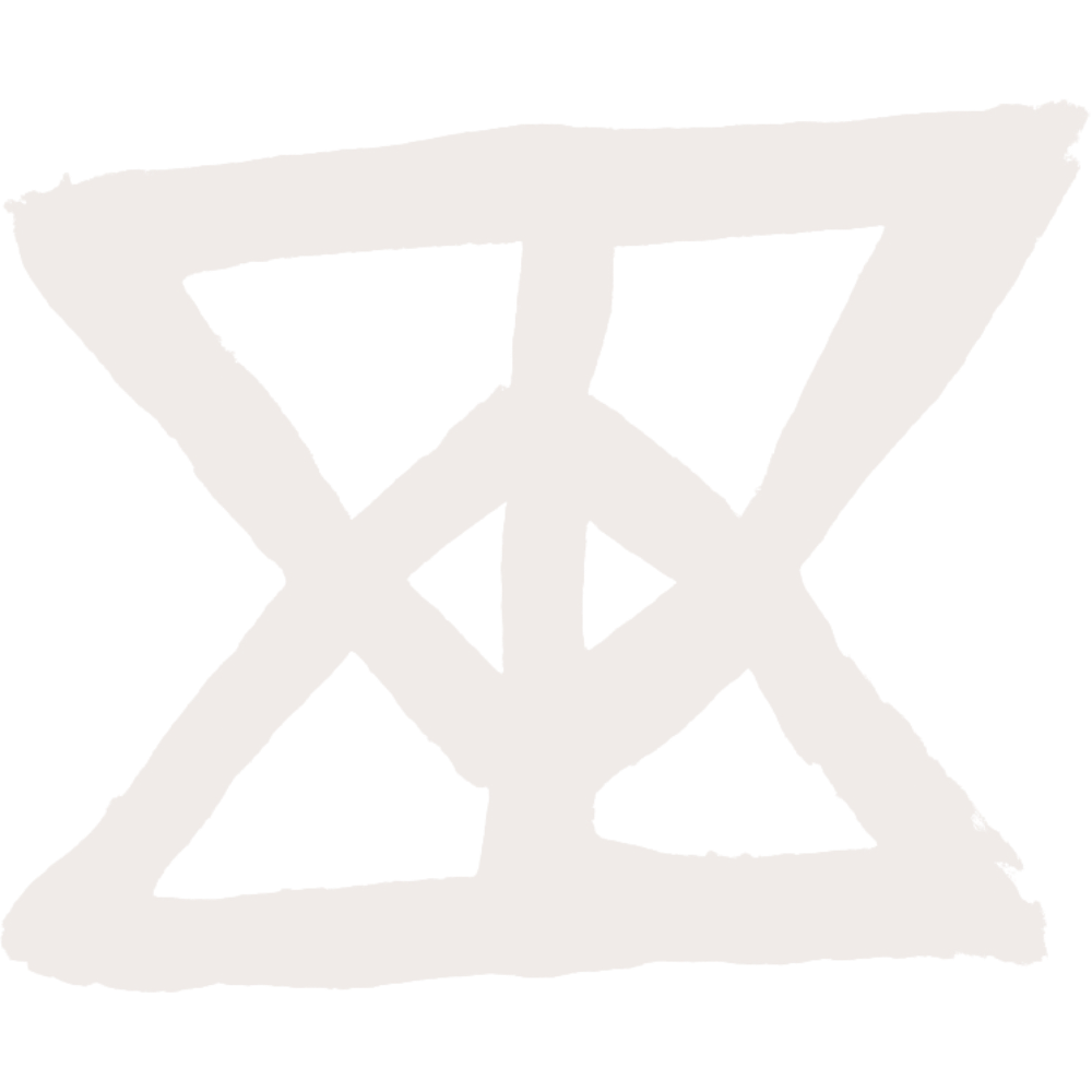 A white abstract symbol (sigil) resembling an hour glass with a diamond in the center.