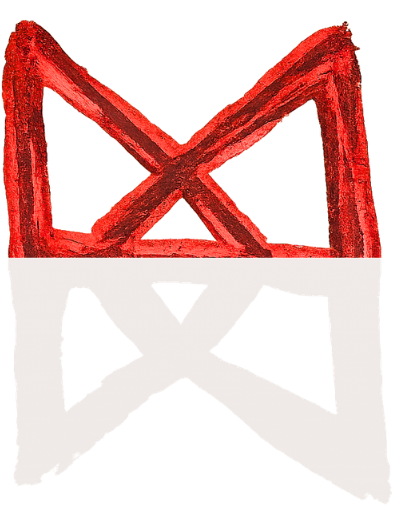 A red and white abstract symbol (sigil) resembling an M and a W stacked on top of each other with a diamond in the middle.