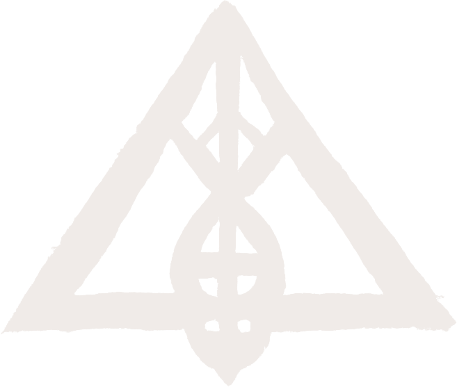 A white sigil (abstract symbol) that looks like a triangle with an central column of  shapes.