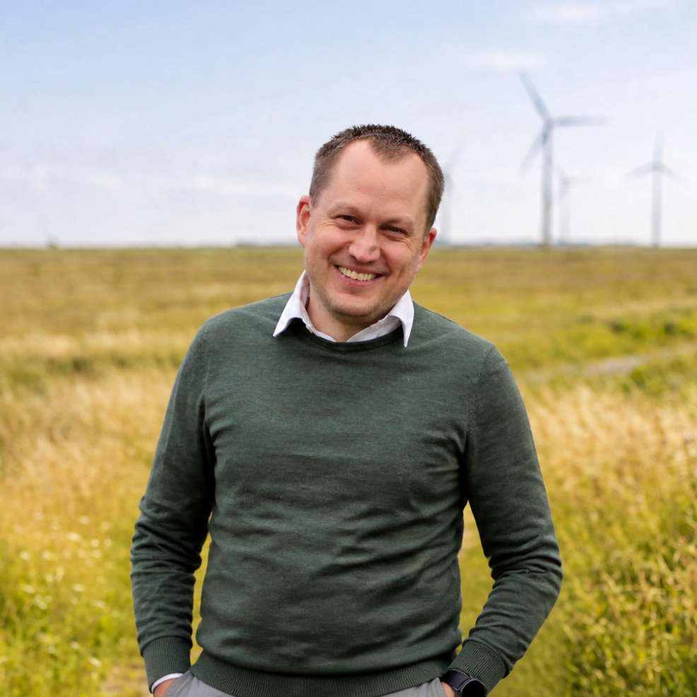 Ein lachender Mann steht in einer offenen Wiese mit Windkraftanlagen im Hintergrund