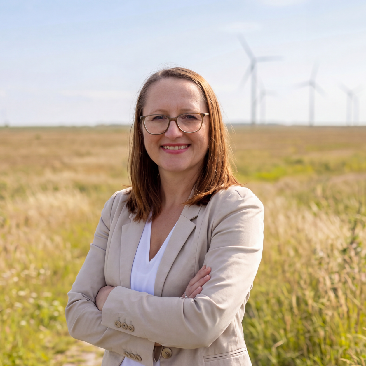 Eine Frau mit roten Haaren und Brille steht in einem Feld, im Hintergrund sind Windräder zu sehen.