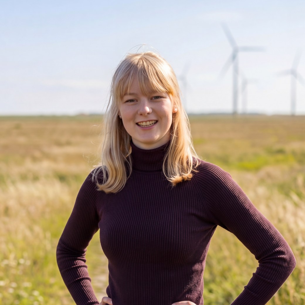 Junge Frau steht in einem Feld mit Windkraftanlagen im Hintergrund und lächelt in die Kamera.