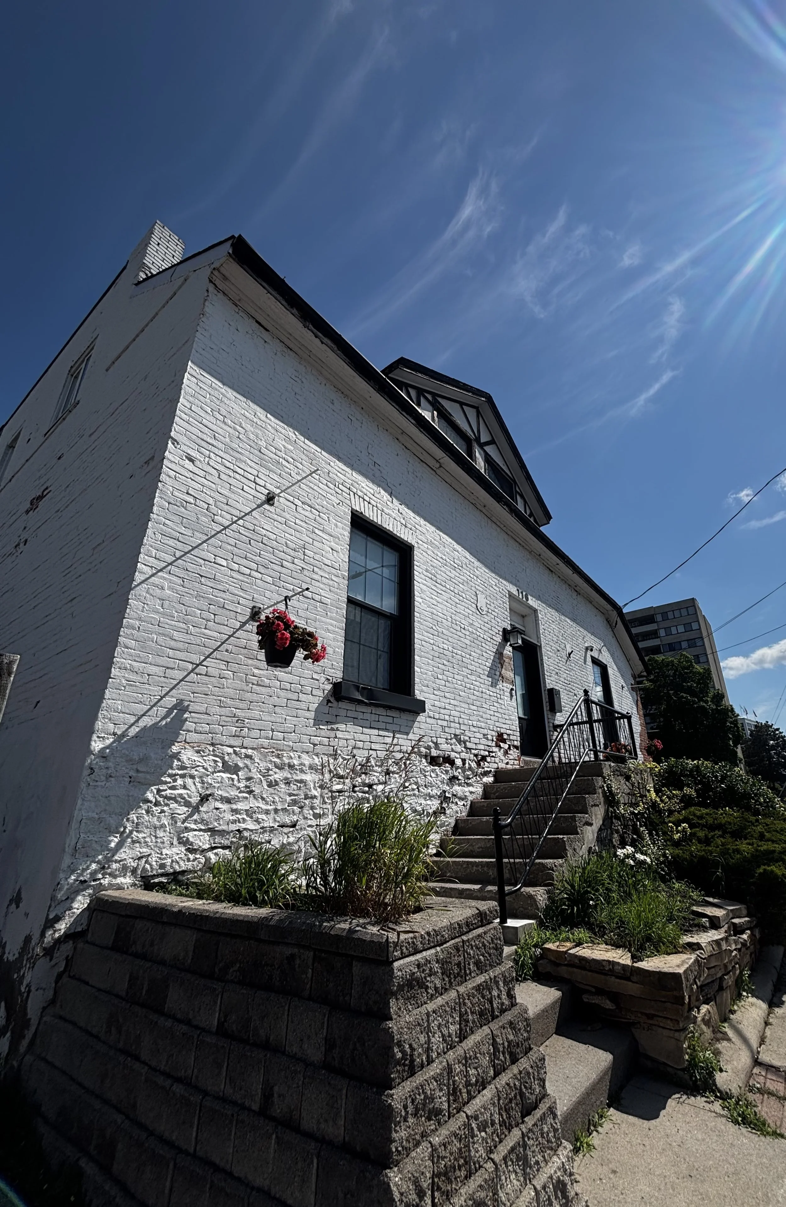 A white brick house with black trim and a black front door, with upward-looking camera angle showing bright blue sky with some clouds and the sun shining from the upper right corner. Stepped garden with greenery and flowers in front of the house.