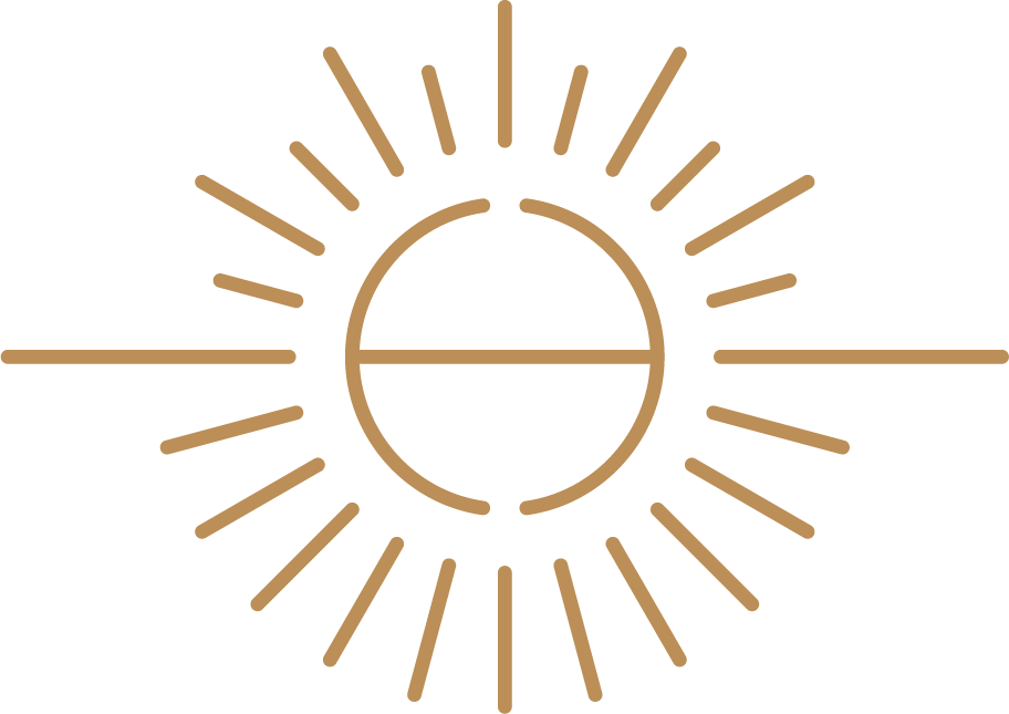 Minimalist sun icon with a circle at the center, two horizontal lines inside the circle, and radiating lines around representing sunlight or energy.