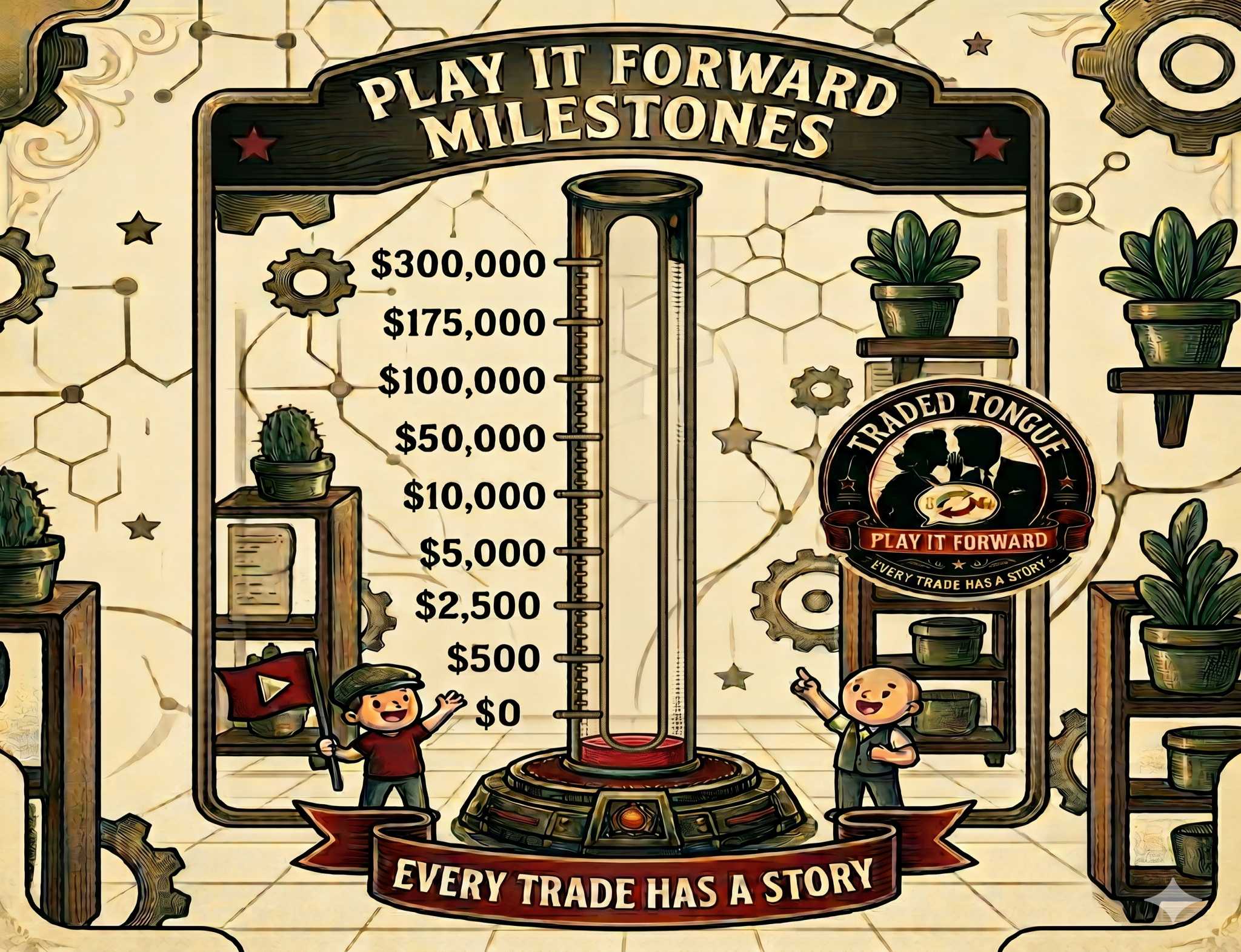 Milestone graphic from a trade-themed game showing a progress line with dollar amounts, cartoon children, plants, gears, and a play button.