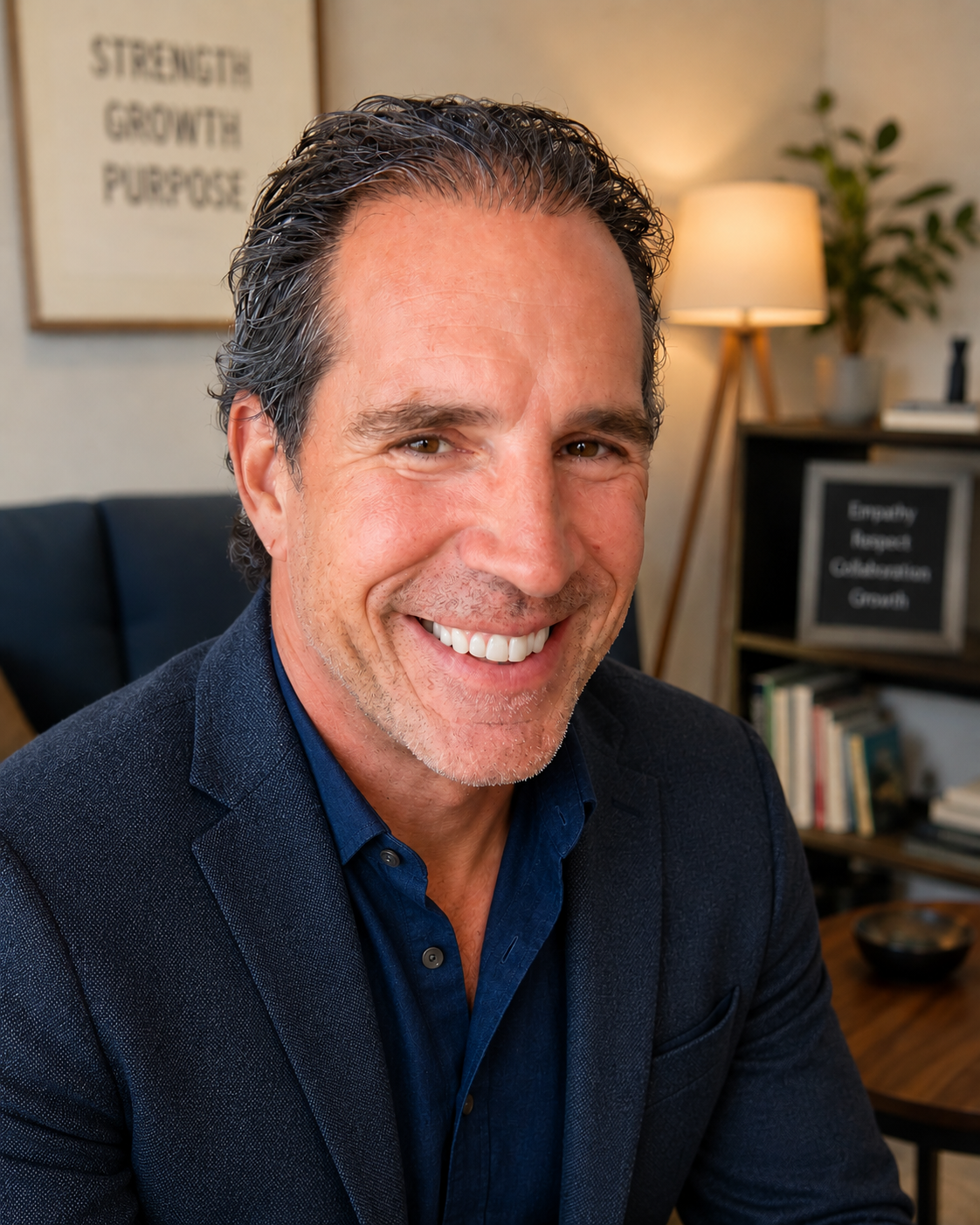 A smiling man with dark, wavy hair and a light beard, wearing a dark blazer and a blue shirt, sitting in a cozy, well-lit office with books, plants, and motivational quotes in the background.