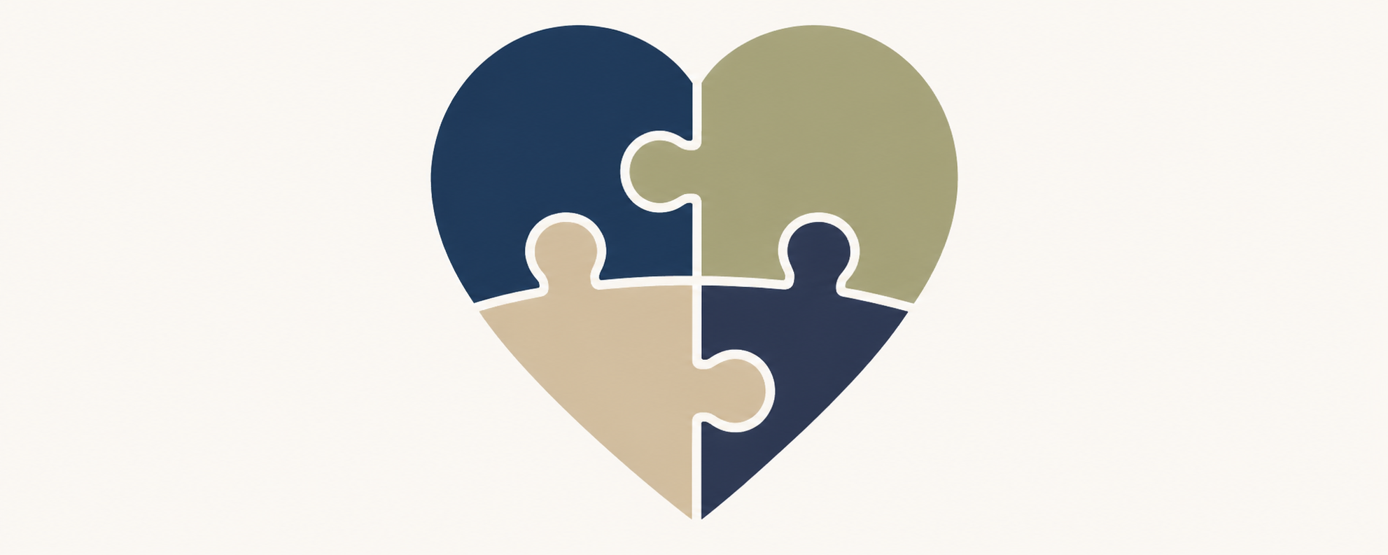 A heart-shaped puzzle made of four interlocking pieces in navy blue, beige, and olive green colors, against a light background.