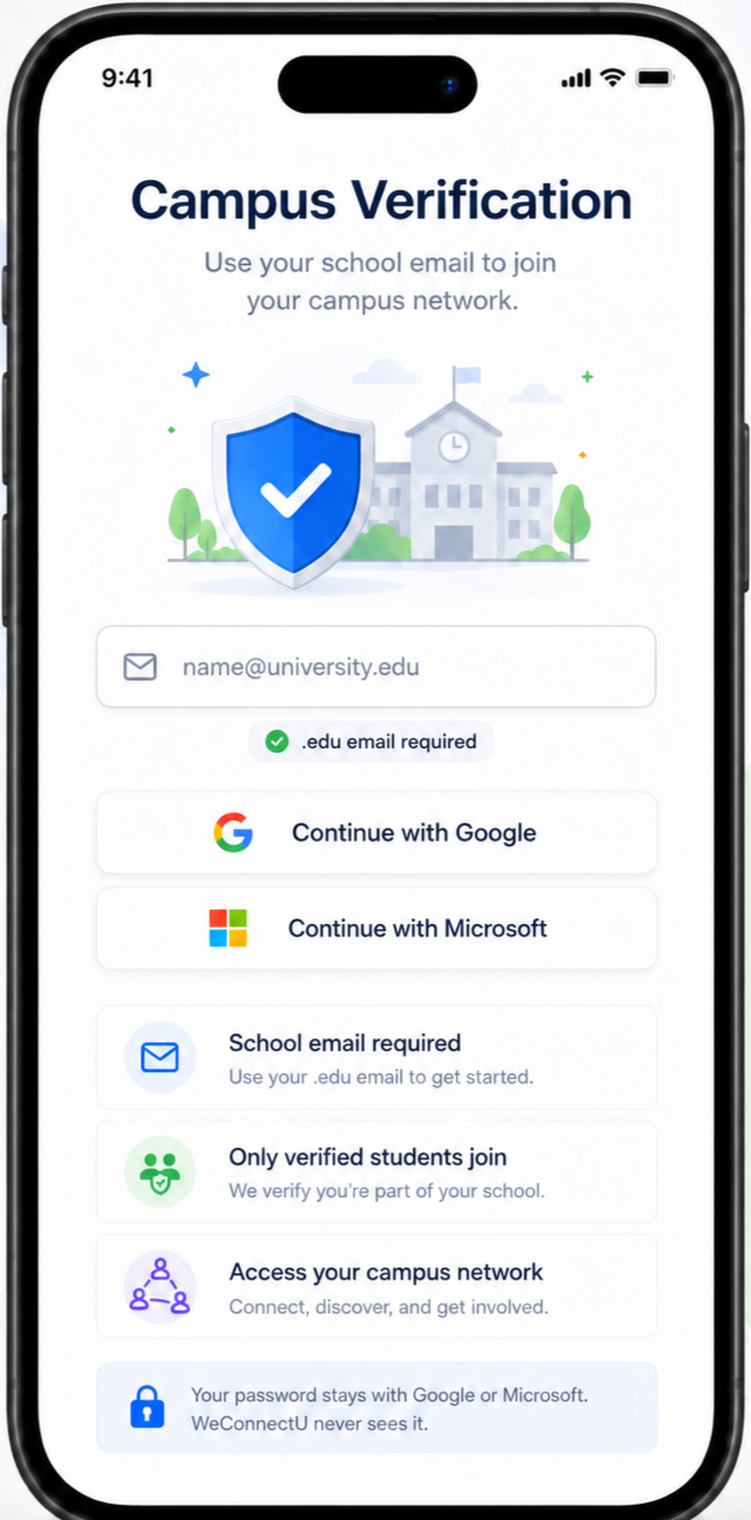 Smartphone screen showing a campus verification app with options for email login, Google, or Microsoft, featuring a school building graphic and security icons.