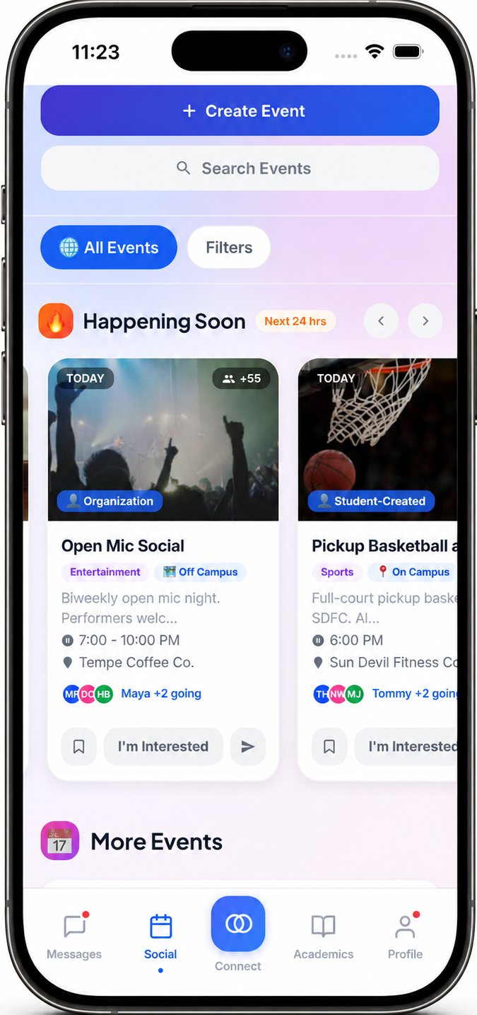 A mobile app screen displaying a list of events including Coffee & Conversations, Tech Workshop, Open Mic Night, and Yoga in the Park with event times, participant numbers, and interest buttons.