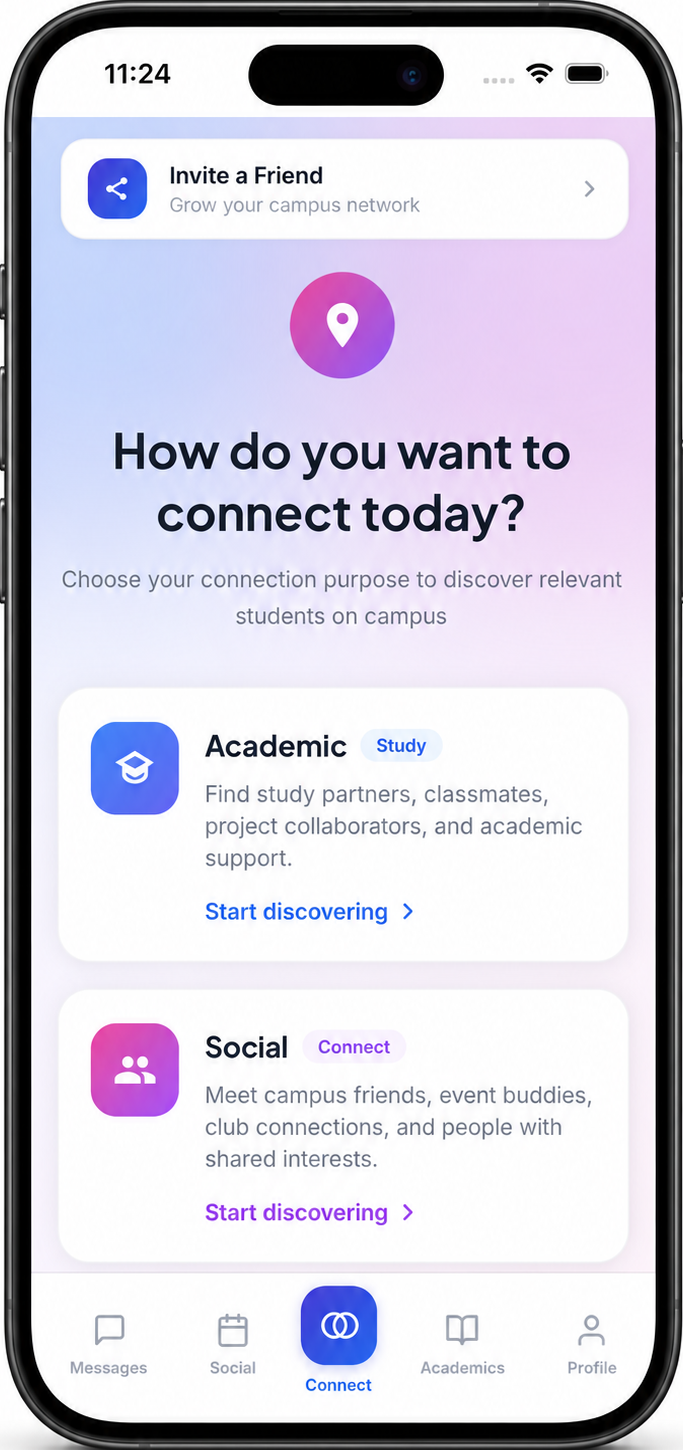 Mobile app screen showing options to connect for students, with sections for 'Academic' to find study partners and 'Social' to meet friends, with icons and a navigation bar at the bottom.