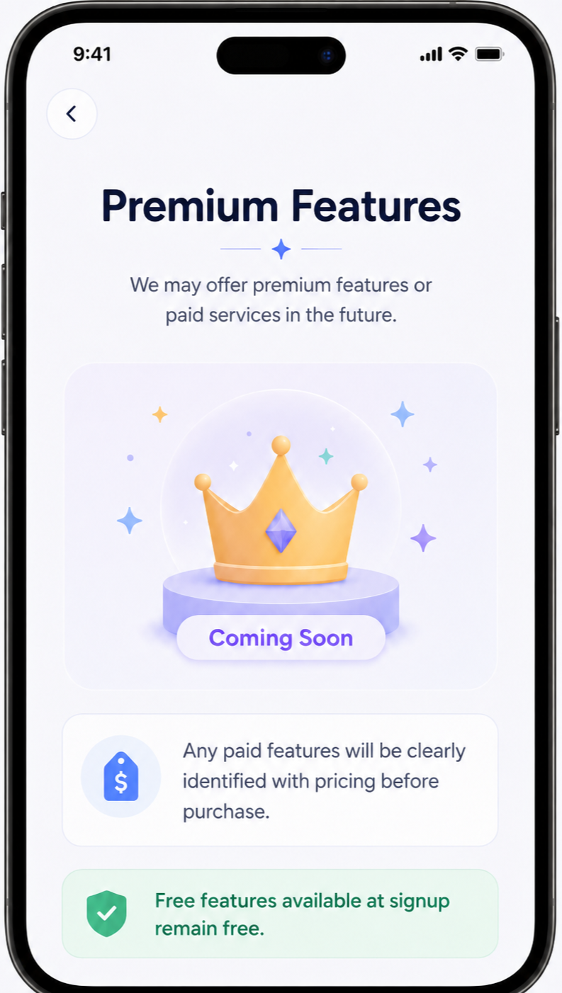 Mobile app screen displaying information about upcoming premium features, including a graphic of a crown with a purple gemstone, and text indicating some features are coming soon, with details about paid and free features.