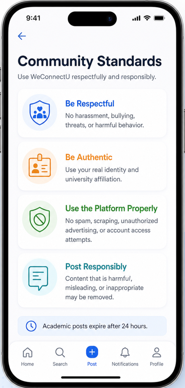 Mobile screen displaying community standards guidelines including Be Respectful, Be Authentic, Use the Platform Properly, and Post Responsibly with icons and descriptions.