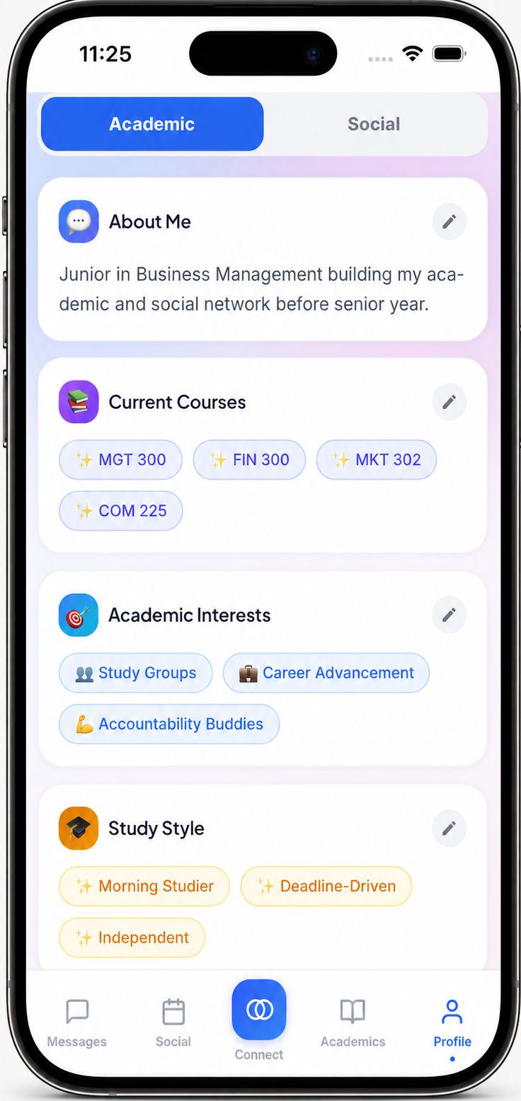 Online student profile form with fields for first and last name, nickname, major, year, password, and a continue button.