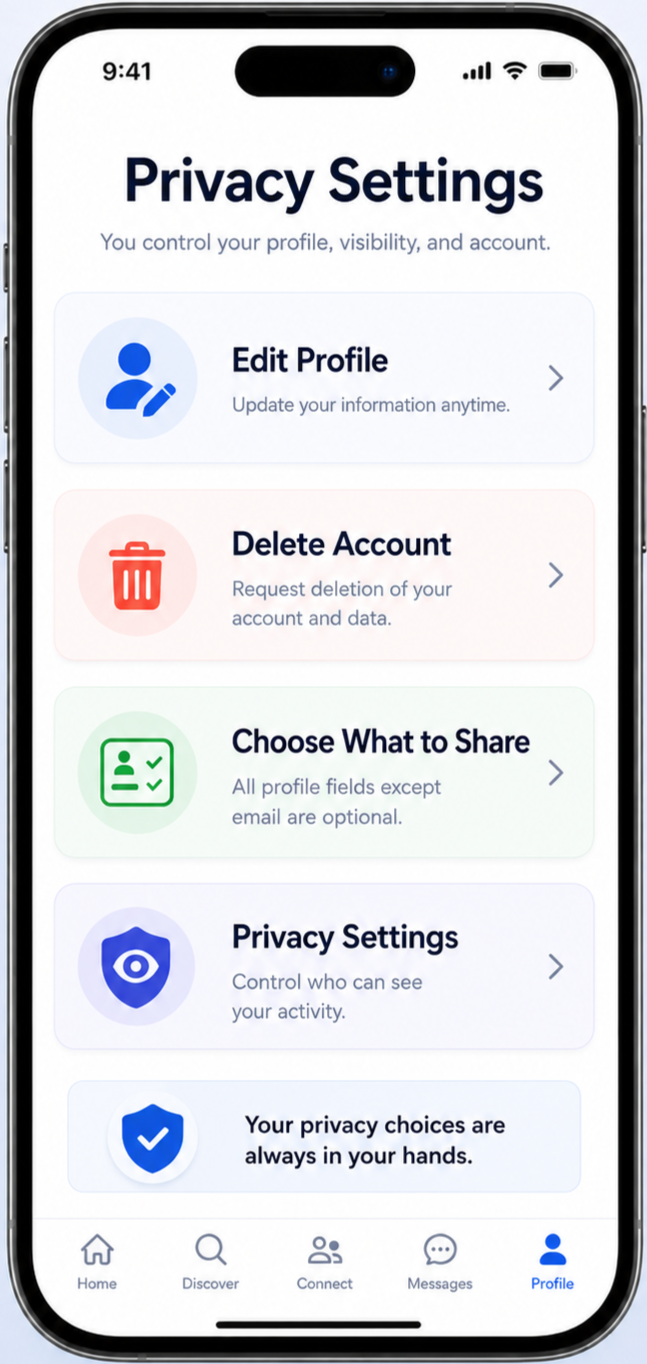 A smartphone screen showing a privacy settings page with options to edit profile, delete account, choose what to share, set privacy settings, and a note about privacy choices being in your hands.