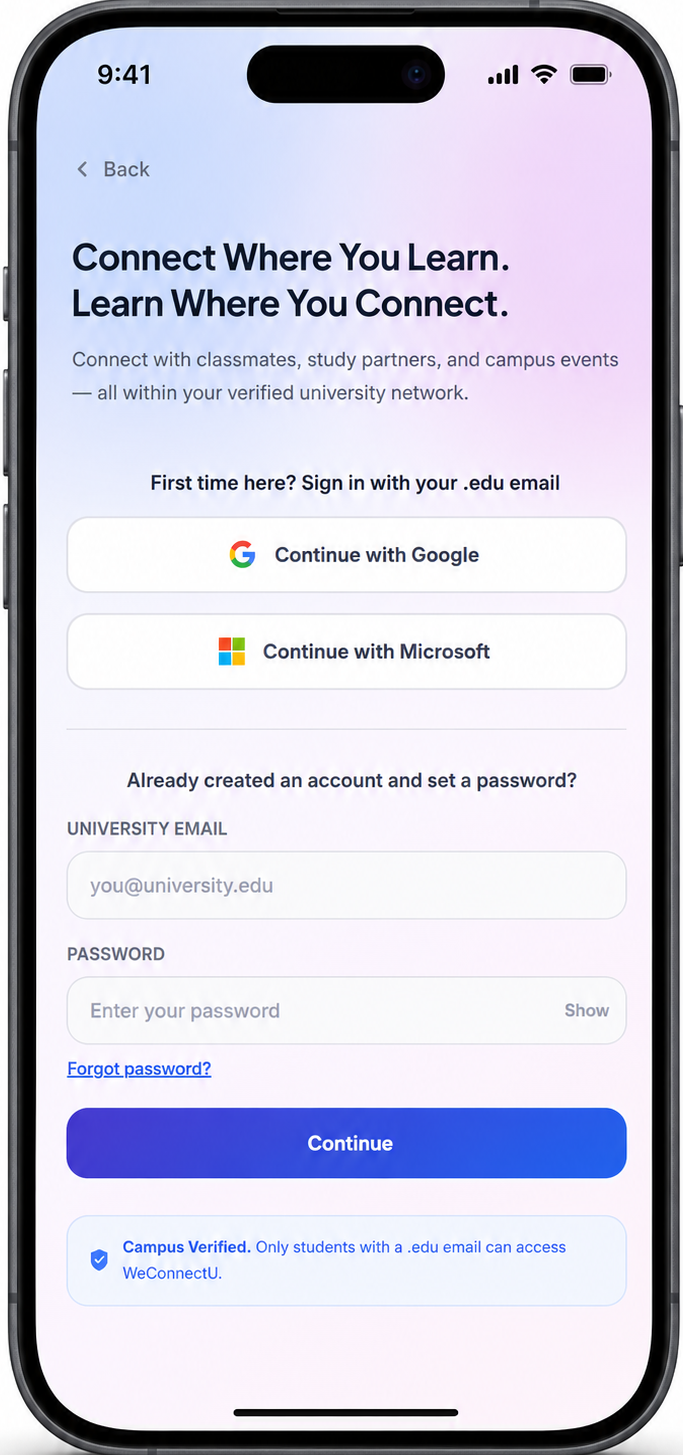 Screenshot of the WeConnectU login page for students, including fields for university email and password, with options to log in or sign up using Google, Apple, or Microsoft, and a description of the platform as a secure space for campus connection.