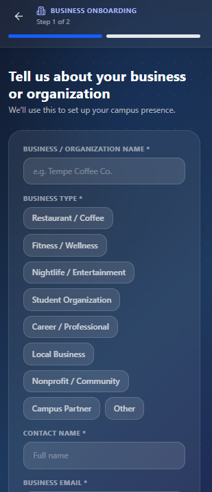 Online business onboarding form asking for business name, type, contact name, and email.