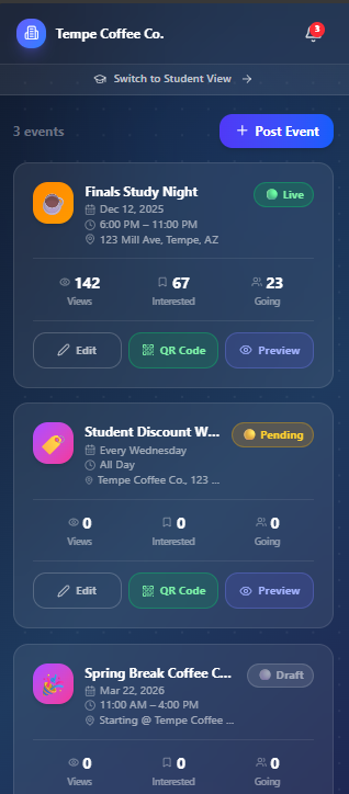 Screenshot of a social media or event management dashboard showing upcoming events, including Finals Study Night, Student Discount Week, and Spring Break Coffee Event, with options to edit, scan QR codes, and preview each event.