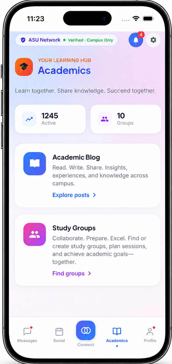 Screenshot of a mobile app section named 'Academics' with stats showing 1,248 active users and 86 groups, and options for 'Academic Blog' and 'Study Groups' for collaboration and sharing knowledge.