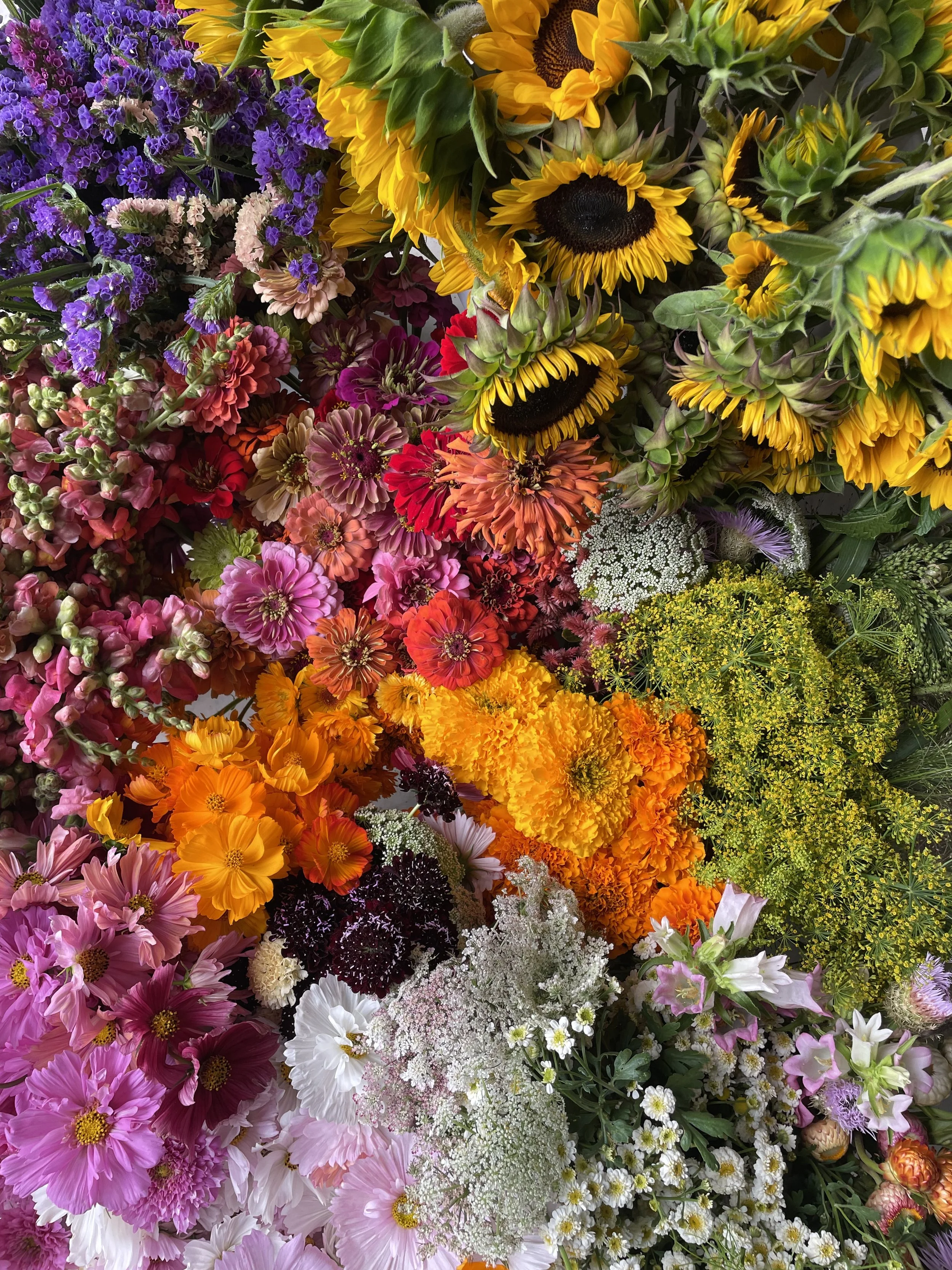 A colorful assortment of various flowers including sunflowers, daisies, marigolds, and others in pink, purple, orange, white, and yellow hues.