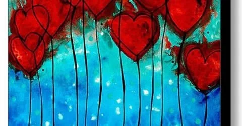Watercolor painting of red hearts hanging from black strings against a blue background.