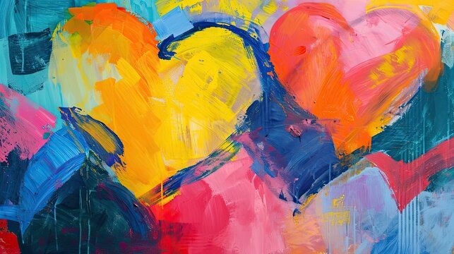 Abstract painting with overlapping hearts in bright colors like yellow, pink, orange, blue, and teal.