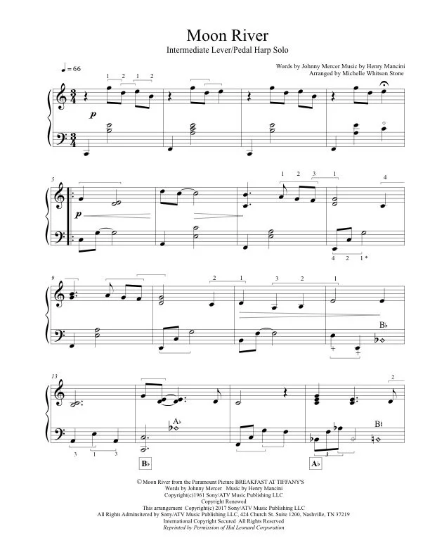 Sheet music titled 'Moon River' for intermediate lever pedal harp solo, composed by Henry Mancini, arranged by Michelle Whitson Stone, with musical notation.