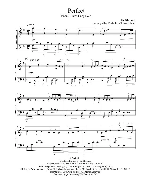 sheet music titled "Perfect" for Pedal/Lever Harp Solo, arranged by Michelle Whitson Stone, composed by Ed Sheeran.