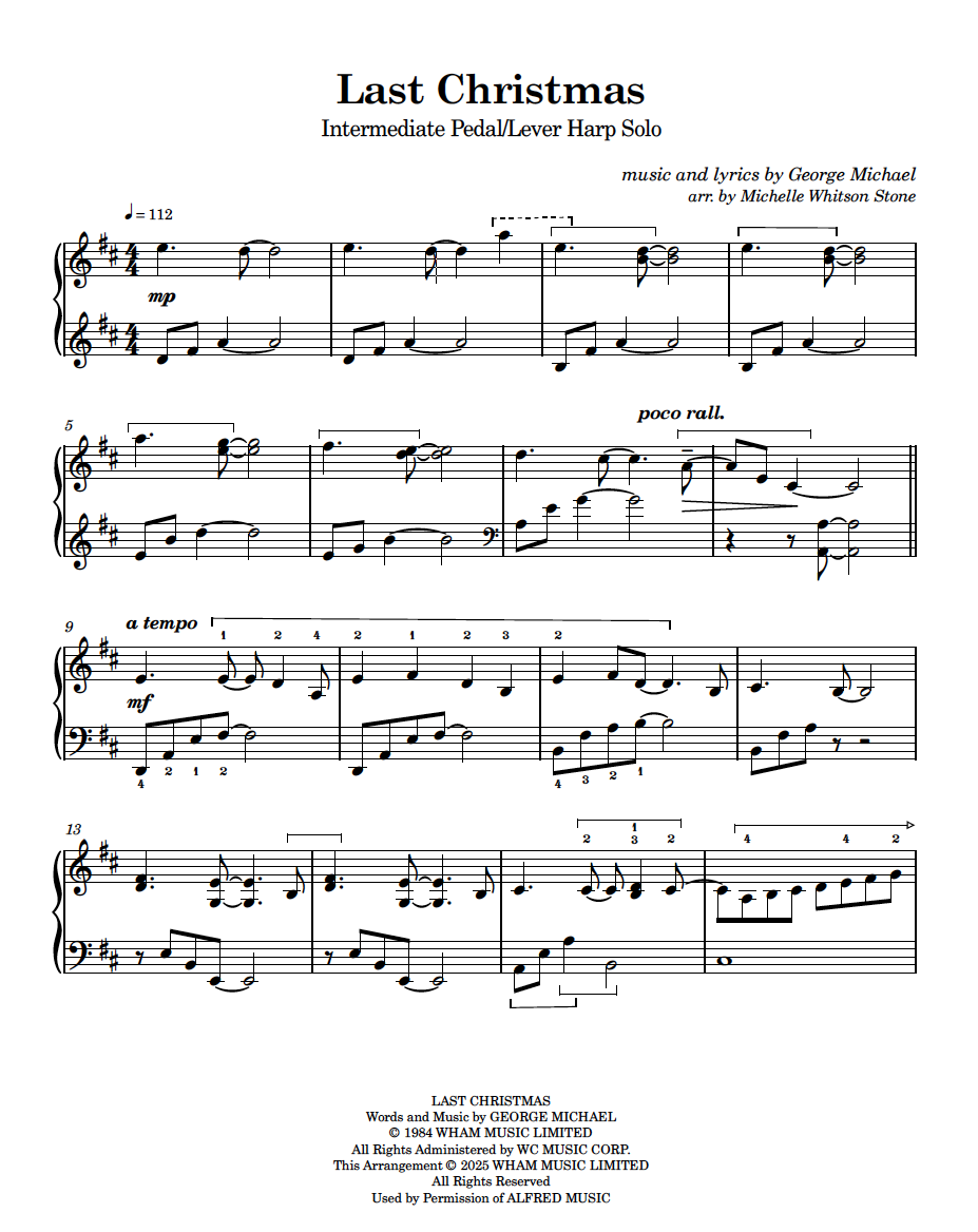 Sheet music for 'Last Christmas' by George Michael, arranged for intermediate pedal/lever harp solo, showing musical notes, tempo markings, and lyrics.